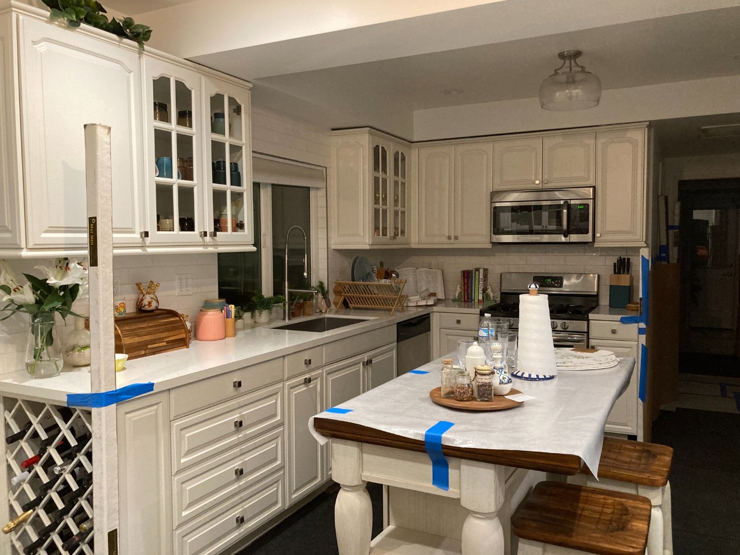 Kitchen set up during production day with blue tape markers