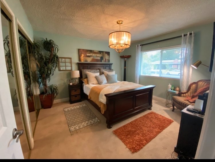 Master bedroom wide view showing gold chandelier, sage green walls, and dark wood furniture